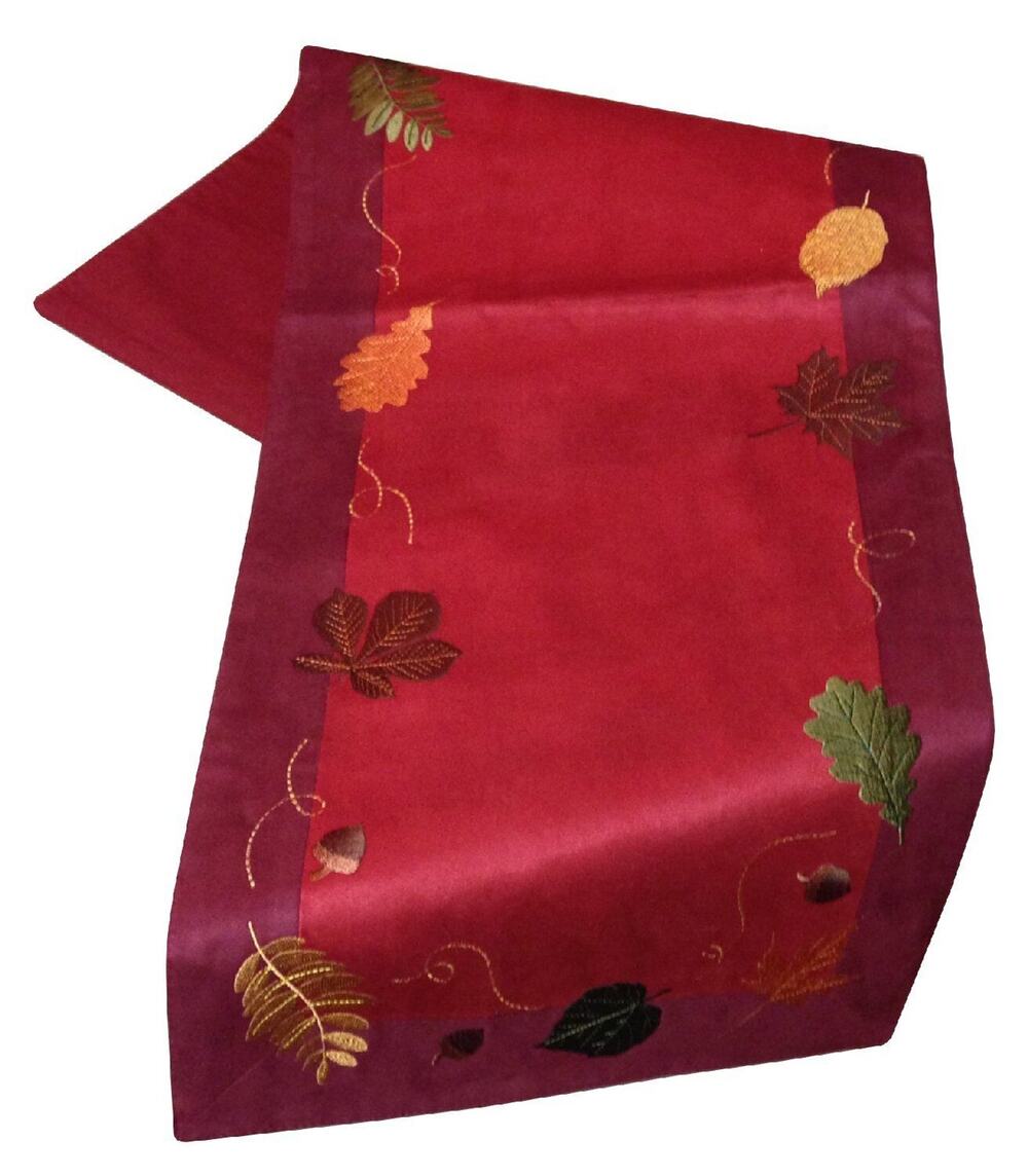 Autumn Harvest Kohls Table Runner Microsuede Embroidered Leaves Fall Decor